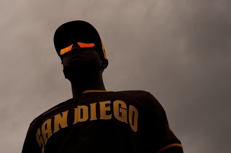 San Diego Padres left-fielder Jurickson Profar prepares for the second inning of a spring training baseball game against the Cleveland Guardians, in Peoria, Arizona. AP