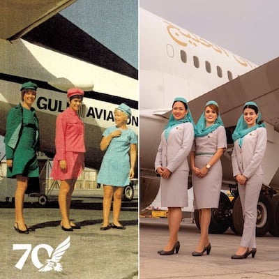 The evolution of Gulf Air's cabin crew uniforms over its 70-year history. Photo: Gulf Air / facebook
