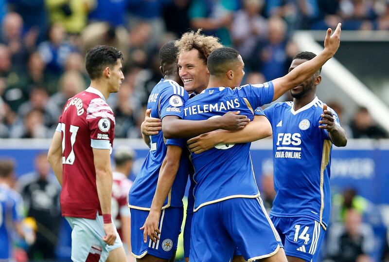 Leicester City's Wout Faes celebrates scoring his team's second goal against West Ham United with Boubakary Soumare, Youri Tielemans and Kelechi Iheanacho. Reuters