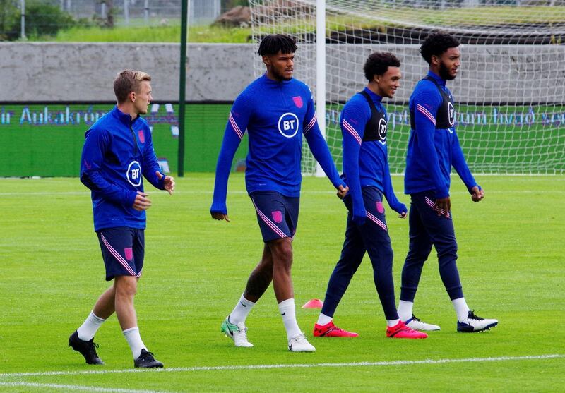 Left to right: England's James Ward-Prowse, Tyrone Mings, Joe Gomez and Trent Alexander-Arnold. Reuters