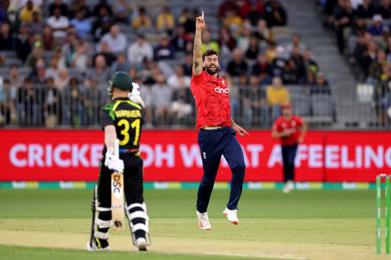 Reece Topley appeals successfully for the wicket of Cameron Green. EPA