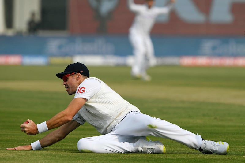 England's James Anderson takes a catch to dismiss Pakistan's Saud Shakeel. AFP