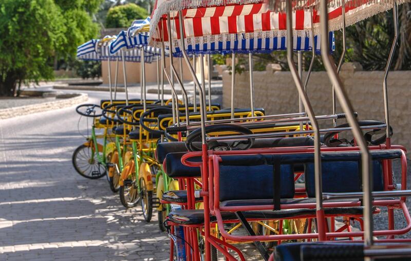 Al Ain, United Arab Emirates, October 7, 2019.  
Weekend – photo essay 
Discovering agricultural practices at Al Ain Oasis: there’s a new programme that introduces visitors to the UAE’s plant species, crops and agriculture professions running throughout October and November.
-- Pedicabs for rent at the entrance.
Victor Besa / The National
Section:  WK
Reporter:  Katy Gillett