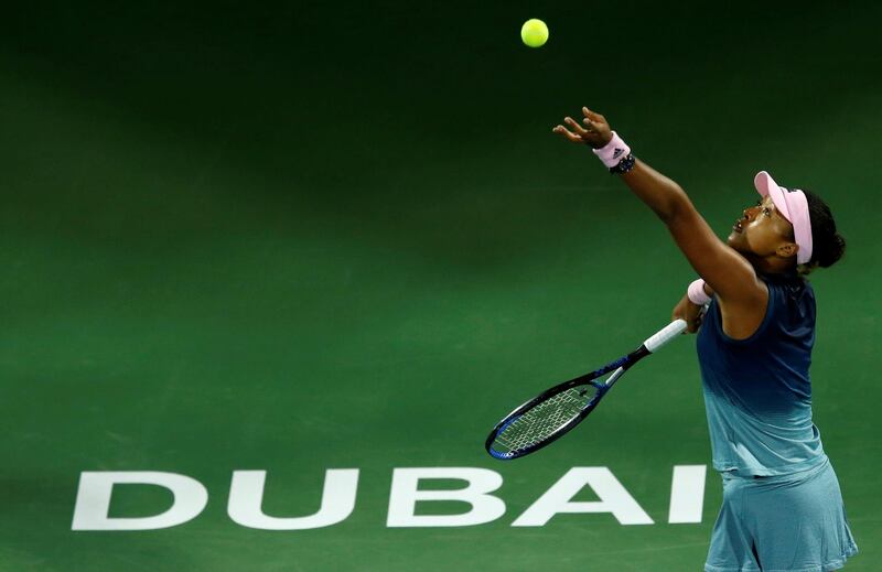 Japan's world No 1 Naomi Osaka in action during her 6-3, 6-3 second-round defeat to Kristina Mladenovic of France at the Dubai Duty Free Tennis Championships on Tuesday night. EPA