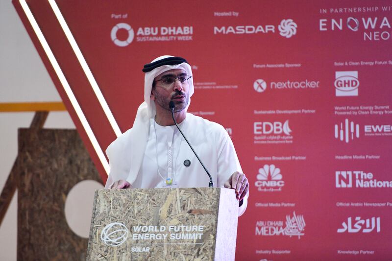 Sharif Al Olama, Undersecretary of the Ministry of Energy and Infrastructure, delivers a speech promoting solar power at the opening of Abu Dhabi Sustainability Week. Khushnum Bhandari / The National