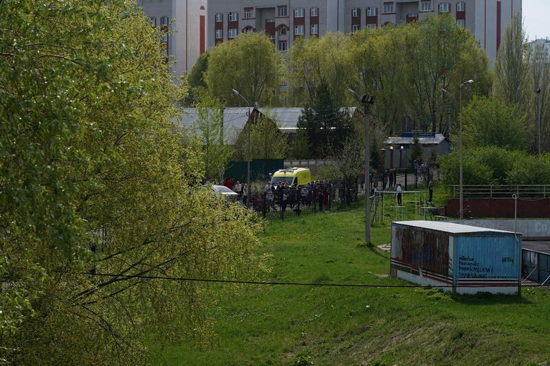 Students are evacuated during a deadly shooting at School No. 175 in Kazan. Courtesy of Max Zareckiy via Reuters