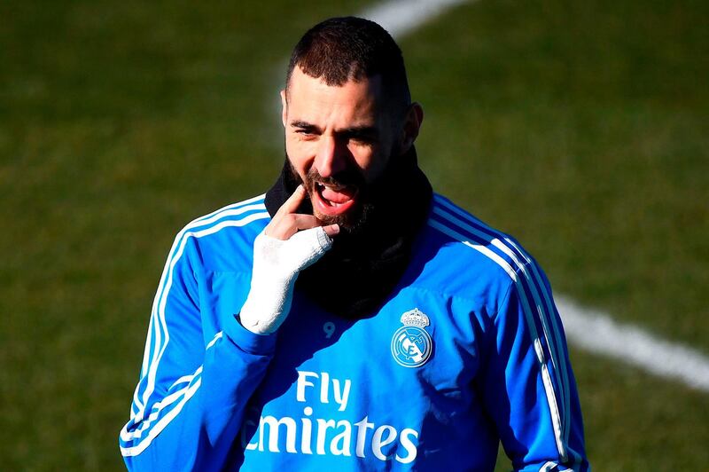 Real Madrid's French forward Karim Benzema gestures during a training session. AFP