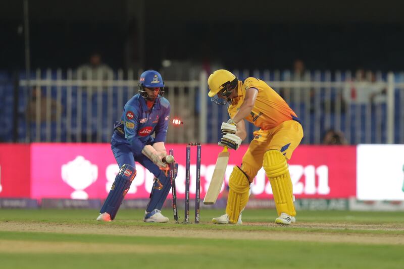 Tom Kohler-Cadmore of Sharjah Warriors gets bowled in Sharjah on Tuesday. ILT20 / CREIMAS