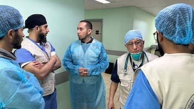 Anaesthesiologist Dr Mohammed Hisham Naji, second from right, with fellow medical staff at the European Hospital in Gaza. Photo: Hisham Naji
