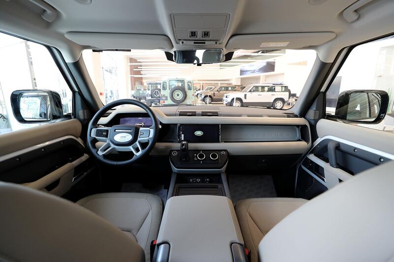 DUBAI, UNITED ARAB EMIRATES , June 27 – 2020 :- Interiors of the Land Rover Defender SE model on display at the Land Rover Defenders showroom on Sheikh Zayed Road in Dubai. (Pawan Singh / The National) For Motoring. Story by Simon