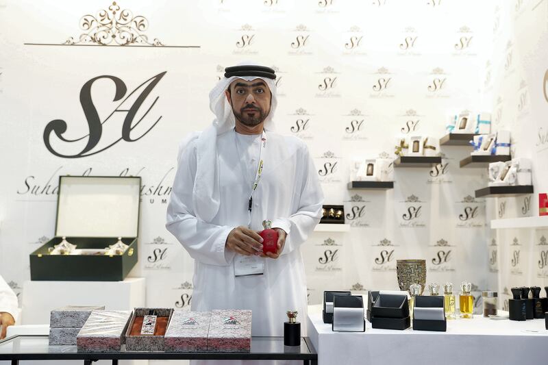 
ABU DHABI , UNITED ARAB EMIRATES , SEP 13  ��� 2017 : - Suhail Fadhel Alhashmi , Chairman at the Suhail Al Hashmi perfumes stand in the ADIHEX 2017 held at  Abu Dhabi National Exhibition Centre in Abu Dhabi. ( Pawan Singh / The National ) Story by Anna
