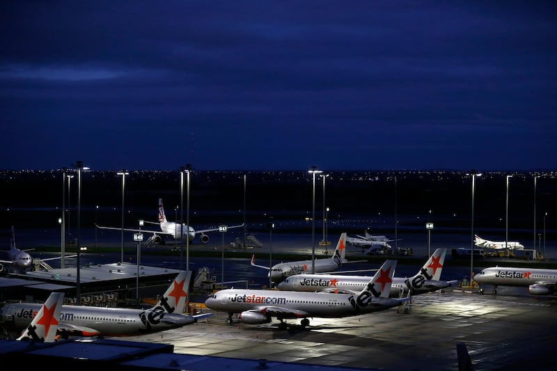 MELBOURNE, AUSTRALIA - APRIL 12: As the novel corona virus (COVID-19) continues to spread across the globe commercial airline travel has all but stopped. Airline jets are grounded at Melbourne Airport due to travel restrictions in Australia.    (COVID-19) (Photo by Darrian Traynor/Getty Images)