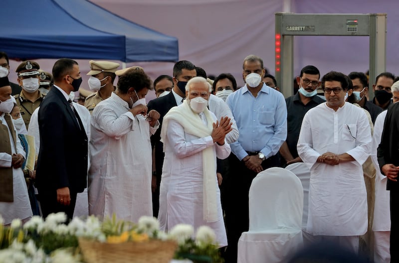 Prime Minister Narendra Modi arrives to pay his respects to Indian singer Lata Mangeshkar during her funeral at Shivaji Park in Mumbai, India on February 6, 2022. Reuters