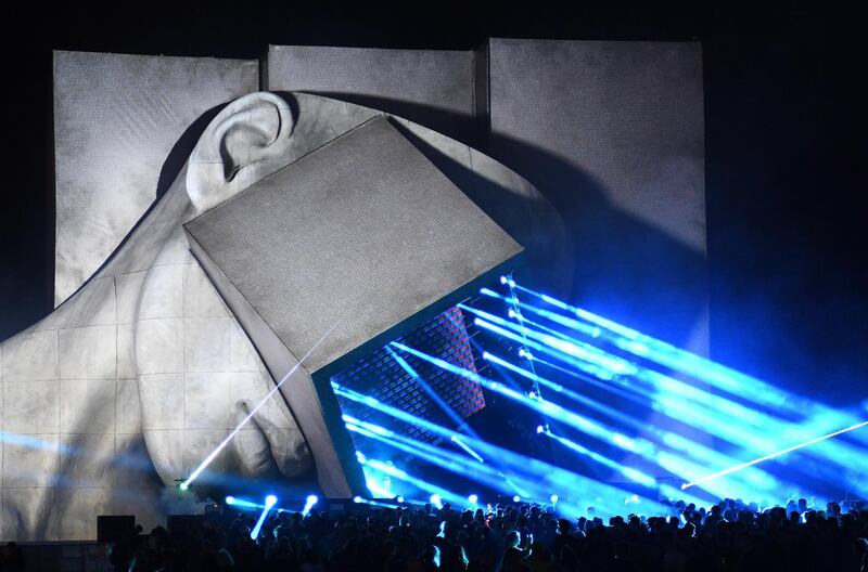 The Iicon stage is lit up at the Block9 area at the Glastonbury Festival in Pilton, Britain. EPA