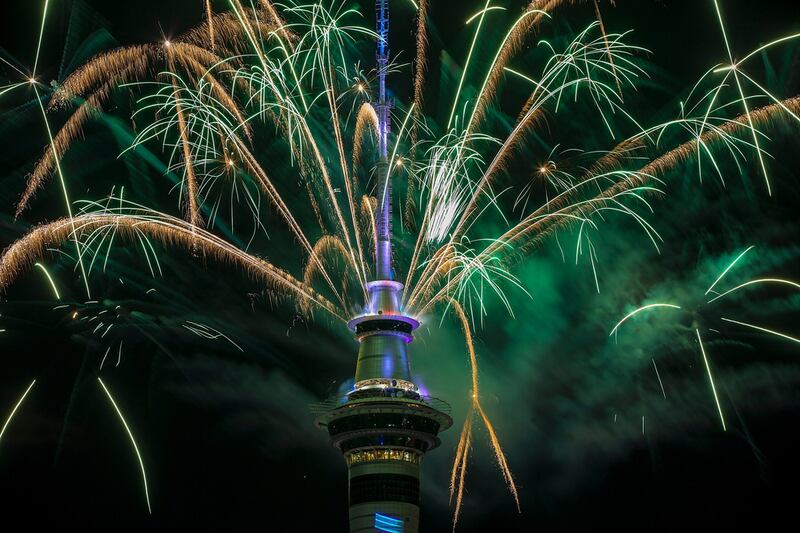 The SkyTower firework display during New Year’s Eve celebrations in Auckland, New Zealand. The pyrotechnic display included 500kg of fireworks, 1 tonne of equipment and 10 kilometres of wire. Dave Rowland / Getty Images