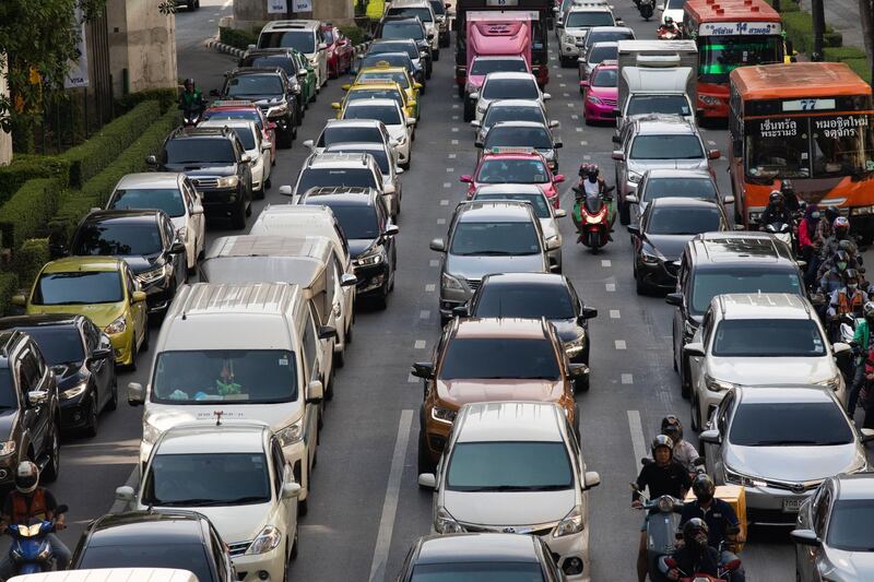 Motorcyclists and vehicles sit in traffic in Bangkok, Thailand, on Wednesday, Sept. 2, 2020. Thailand has reported zero locally-transmitted Covid-19 cases for 100 days in a row, joining a small group of places like Taiwan where the pathogen has been virtually eliminated. Photograph: Taylor Weidman/Bloomberg