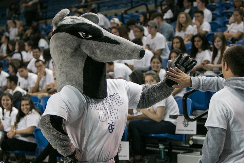 IRVINE, CA - JANUARY 14: UC Irvine Anteater Mascot greets fans during a Big West Conference NCAA Basketball game between the UC Irvine Anteaters and the Cal State Fullerton Titans on January 14, 2017 at Bren Event Center in Irvine, CA. (Photo by Joshua Lavallee/Icon Sportswire via Getty Images)