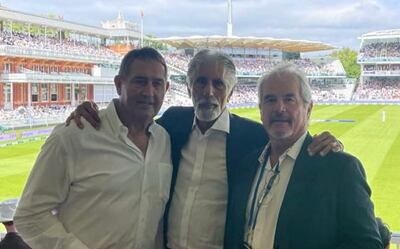 Shyam Bhatia with former England players Graham Gooch and Allan Lamb at Lord's during the second Test between England and India. Courtesy Shyam Bhatia