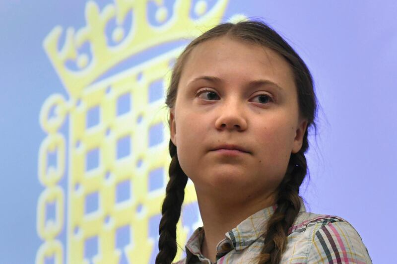 Swedish climate activist Greta Thunberg at the House of Commons in Westminster, London, Tuesday, April 23, 2019. (Stefan Rousseau/PA via AP)