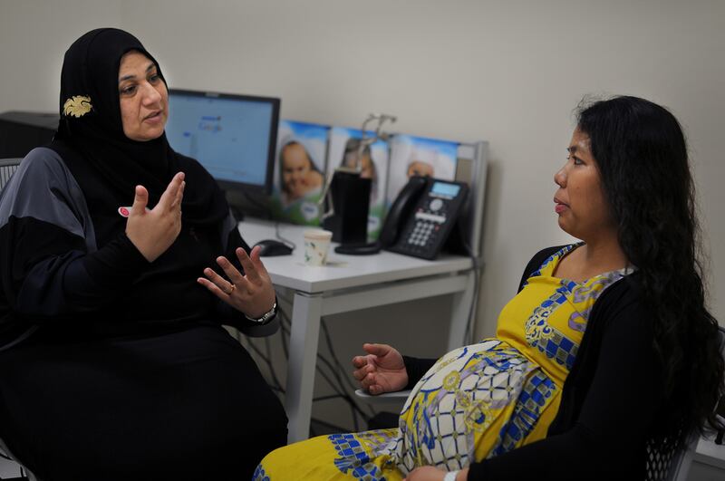 Rima Al Khatib, left, nursing supervisor of the Hala Baby programme at BrightPoint Women’s Hospital, says expectant mothers need to be educated to prepare them for labour. Delores Johnson / The National
