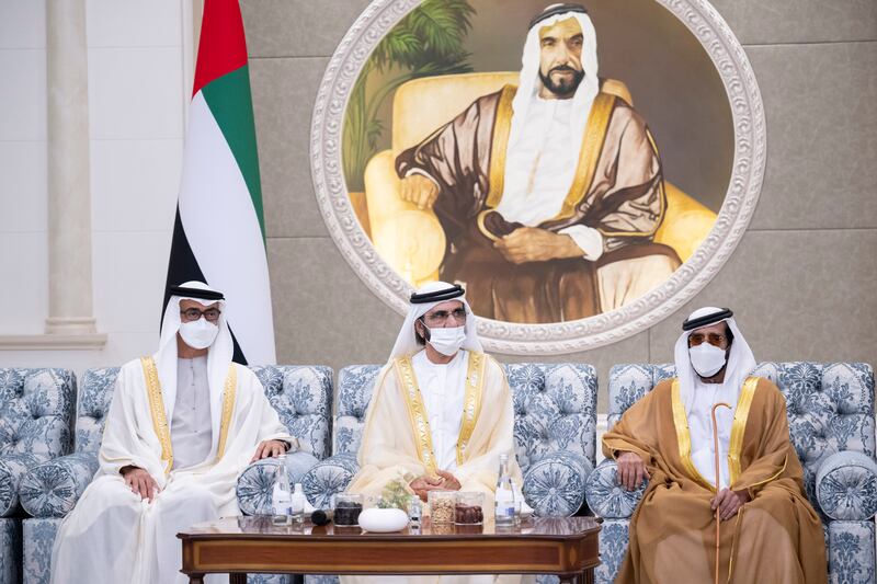 Sheikh Mohamed bin Zayed, Sheikh Mohammed bin Rashid and Sheikh Tahnoun bin Mohamed, Ruler's Representative in Al Ain Region, during the reception. Photo: Rashed Al Mansoori / Ministry of Presidential Affairs 