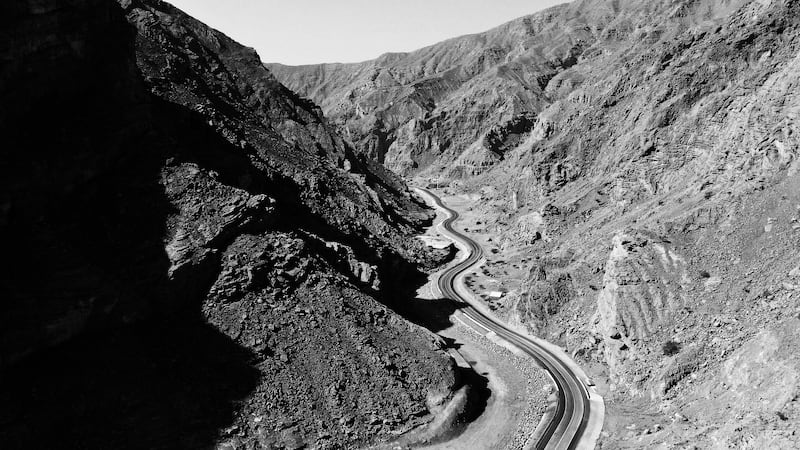 Black and white beauty. The Stark terrain of Jebel Jais road in Ras Al Khaimah. Pawan Singh / The National.