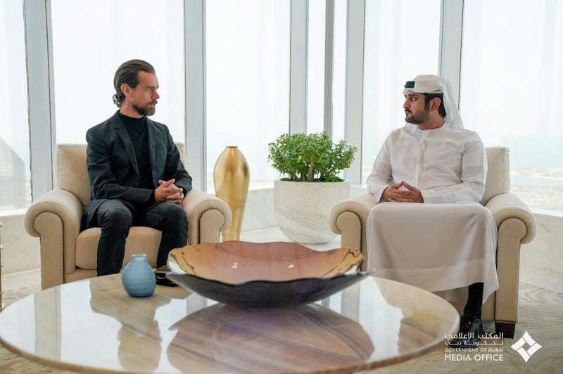 Sheikh Maktoum bin Mohammed, Deputy Ruler of Dubai, meets Jack Dorsey, chief executive of Twitter, in Dubai on Monday. Courtesy Dubai Media Office