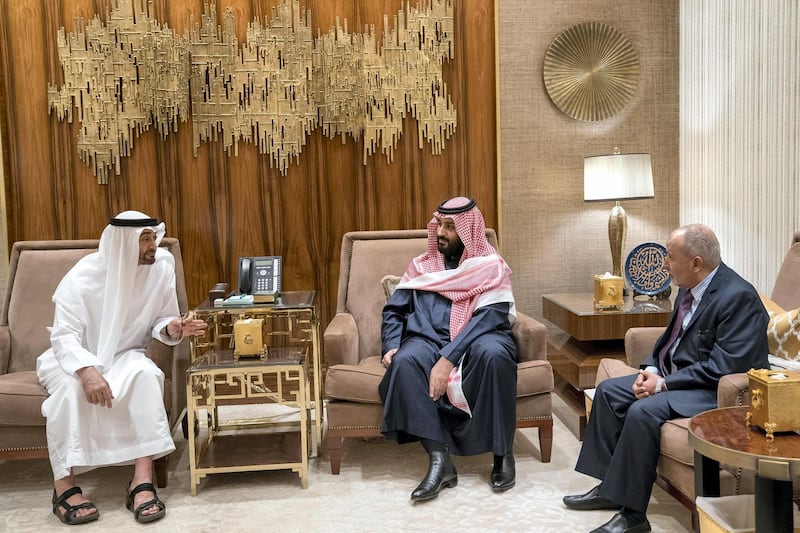 RIYADH, SAUDI ARABIA- December 13, 2017: HH Sheikh Mohamed bin Zayed Al Nahyan, Crown Prince of Abu Dhabi and Deputy Supreme Commander of the UAE Armed Forces (L) and HRH Prince Mohamed bin Salman bin Abdulaziz, Crown Prince, Deputy Prime Minister and Minister of Defence of Saudi Arabia (C), meets with  Colonel Mohamed Abdullah Al Yidoumi, the Chairman of the Yemeni Congregation for Reform party (R).

( Mohamed Al Hammadi / Crown Prince Court - Abu Dhabi )
---