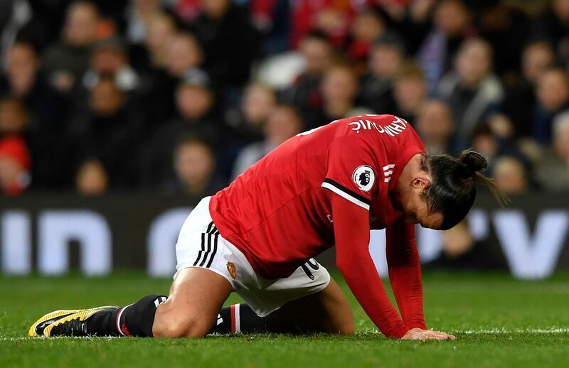 MANCHESTER, ENGLAND - DECEMBER 26:  Zlatan Ibrahimovic of Manchester United looks dejected during the Premier League match between Manchester United and Burnley at Old Trafford on December 26, 2017 in Manchester, England.  (Photo by Stu Forster/Getty Images)