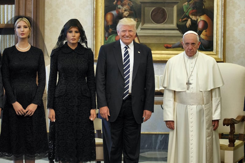 Ivanka Trump, first lady Melania Trump, and President Donald Trump stand with Pope Francis during a meeting, Wednesday, May 24, 2017, at the Vatican. (AP Photo/Evan Vucci, File)