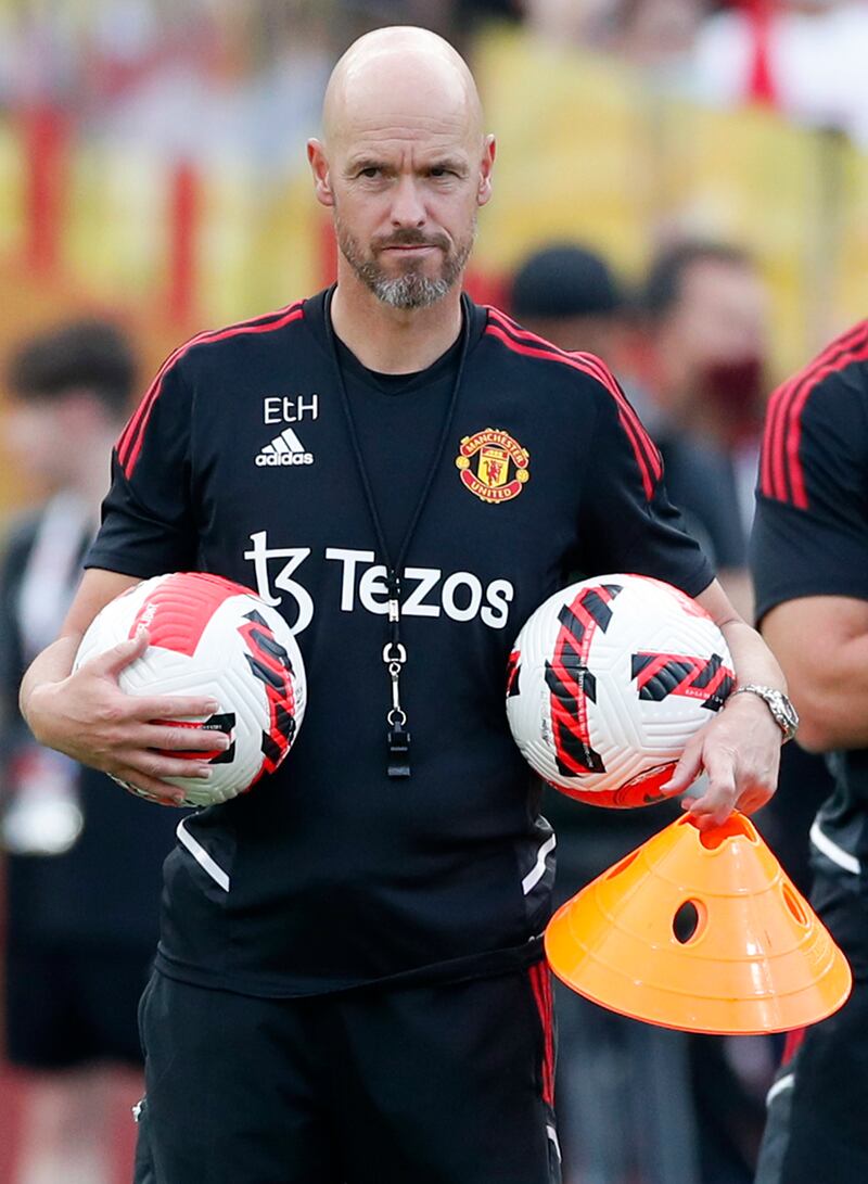 Manchester United manager Erik ten Hag leads his team's training session. EPA