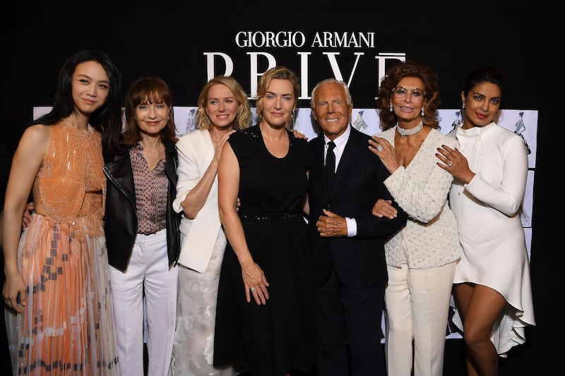 From left: Tang Wei, Isabelle Huppert, Naomi Watts, Kate Winslet, Giorgio Armani, Sophia Loren and Priyanka Chopra