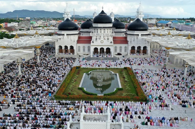 Muslims performing during an Eid Al Fitr prayer at Baiturrahman Grand Mosque in Banda Aceh in Indonesia. AP Photo