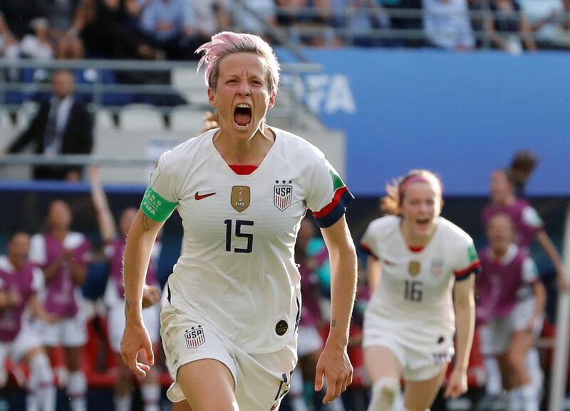 FILE PHOTO: Soccer Football - Women's World Cup - Round of 16 - Spain v United States - Stade Auguste-Delaune, Reims, France - June 24, 2019 Megan Rapinoe of the U.S. celebrates scoring their second goal   REUTERS/Bernadett Szabo/File Photo