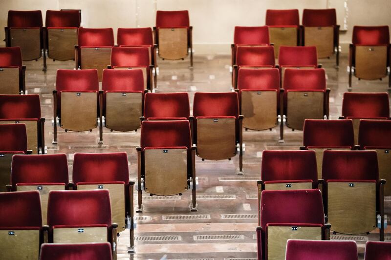 The seating area of the Berliner Ensemble theatre shows gaps of removed seats due to coronavirus measures in Berlin, Germany.  EPA