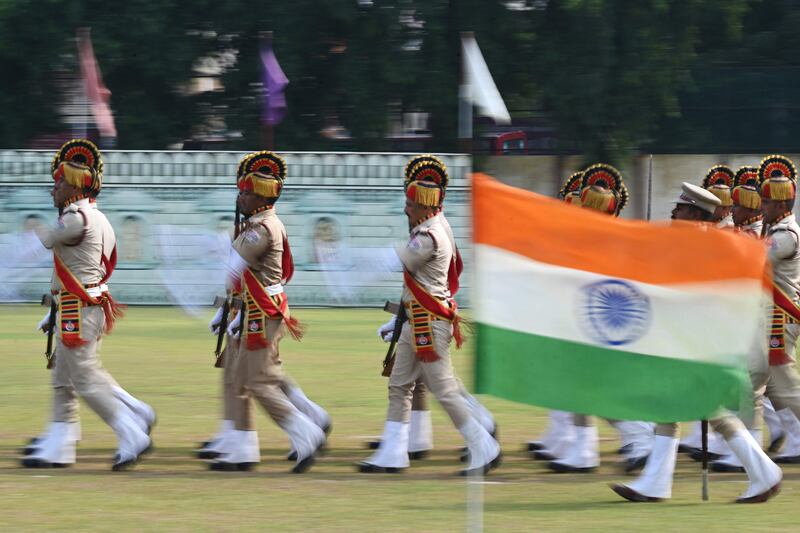 Railway employees mark India's 77th Independence Day in Chennai. AFP