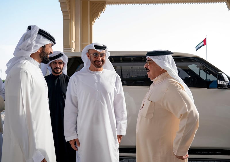 ABU DHABI, UNITED ARAB EMIRATES - May 24, 2019: HH Sheikh Mohamed bin Zayed Al Nahyan, Crown Prince of Abu Dhabi and Deputy Supreme Commander of the UAE Armed Forces (2nd R), bids farewell to HM King Hamad bin Isa Al Khalifa, King of Bahrain (R), at Presidential  Airport. 
Seen with HH Sheikh Nasser bin Hamad bin Isa Al Khalifa (L) and HH Sheikh Khaled bin Hamad bin Isa Al Khalifah (2nd L).

( Mohamed Al Hammadi / Ministry of Presidential Affairs )
---