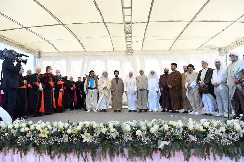 Pope Francis speaks to Iraqi religious figures during an interfaith service at the House of Abraham in the ancient city of Ur. EPA