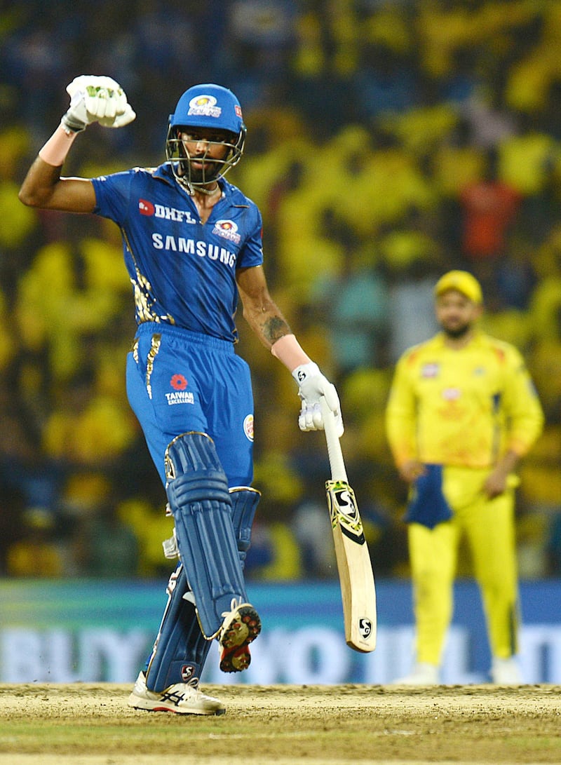 Mumbai Indians cricketer Hardik Pandya celebrates after winning the 2019 Indian Premier League (IPL) first Qualifier Twenty20 cricket match between Chennai Super Kings and Mumbai Indians at the MA Chidambaram stadium in Chennai on May 7, 2019. (Photo by ARUN SANKAR / AFP) / IMAGE RESTRICTED TO EDITORIAL USE - STRICTLY NO COMMERCIAL USE