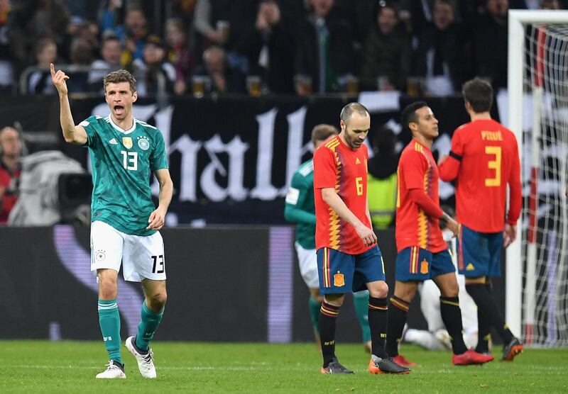 DUESSELDORF, GERMANY - MARCH 23:  Thomas Mueller of Germany celebrates after scoring his sides first goal during the International friendly match between Germany and Spain at Esprit-Arena on March 23, 2018 in Duesseldorf, Germany.  (Photo by Matthias Hangst/Bongarts/Getty Images)