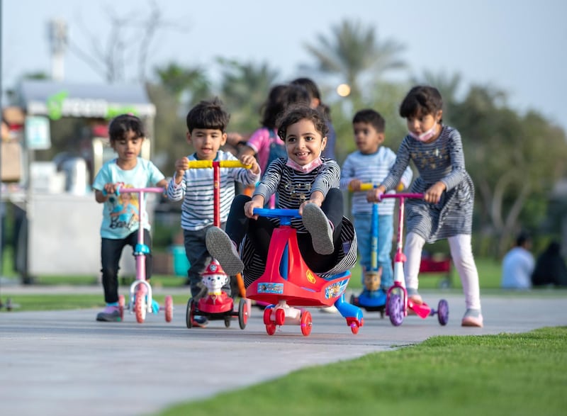 Abu Dhabi, United Arab Emirates, March 15, 2021.  Emirati Children's Day at Umm Al Emarat Park.  The Al Yaqoubi sistersand Al Dhaheri cousins.Victor Besa/The NationalSection:  NAFOR:  Stand Alone/ Big Picture