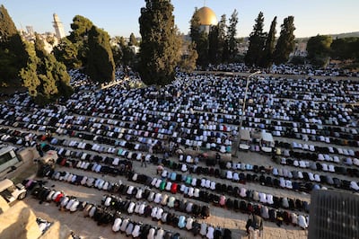 Worshippers at Al Aqsa compound in Jerusalem to perform Eid Al Adha morning prayers on Wednesday.  AFP