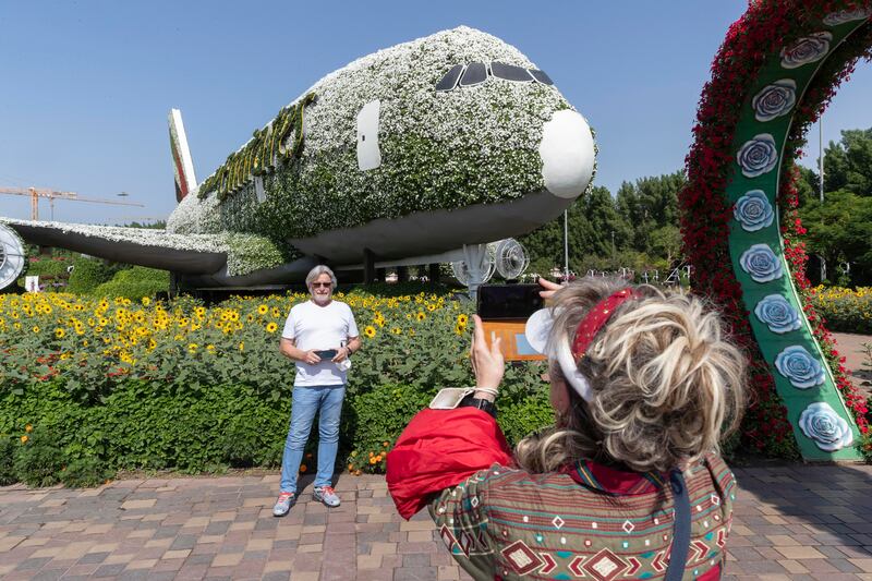 A full-size flowery replica of an Emirates Airbus A380. 