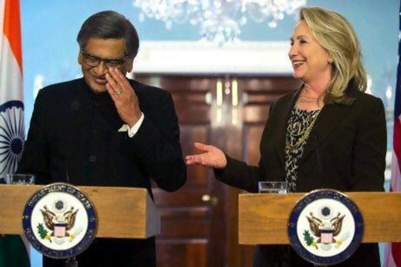 Indian Minister of External Affairs S.M. Krishna with US secretary of state Hillary Clinton on June 13. They were seeking to boost relations that have blossomed in recent years but have yet to meet US hopes for greater market access for American companies.