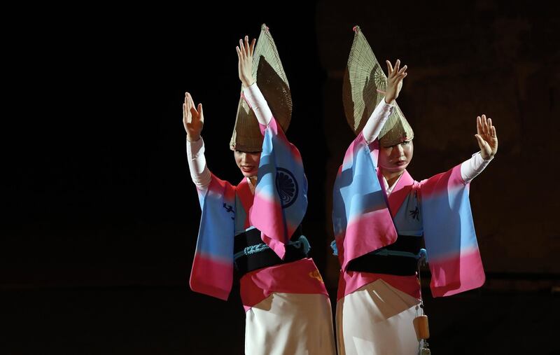 Members of Ballet Awa Dance from Japan perform at the Roman theatre of Carthage in Tunis, Tunisia. EPA