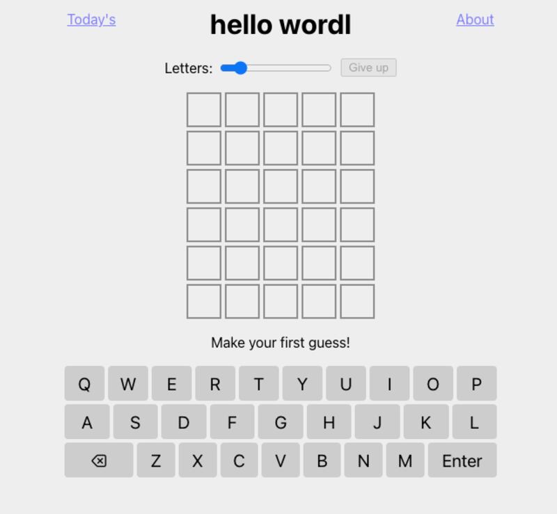 'Hello Wordl' is a remake of 'Wordle' and is played in the same way, except you can do it more than once and change the length of the words.