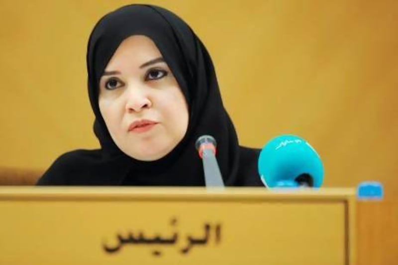 Dr Amal Al Qubaisi speaks during this week's meeting of the FNC. She stepped into the Speaker's role for the session to stand in for Mohammed Al Murr, who was not able to attend. Ben Job / Reuters