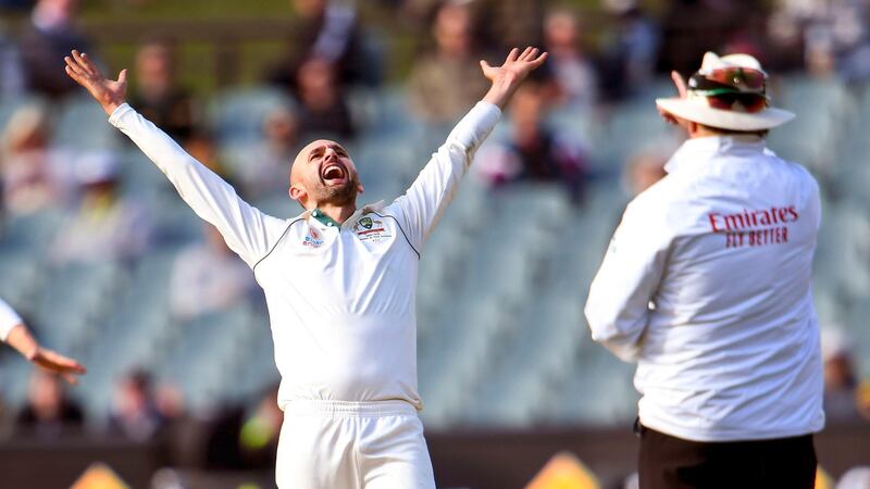Nathan Lyon successfully appeals for an lbw decision against Yasir Shah in Adelaide. AFP