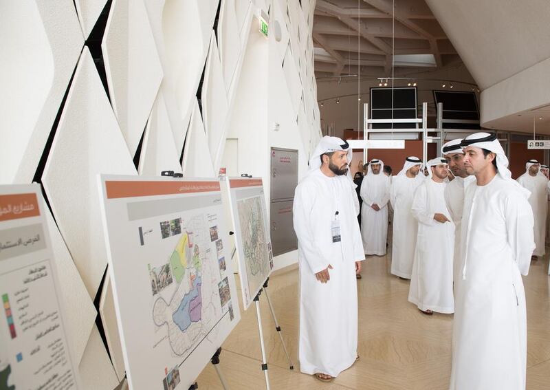Sheikh Hazza bin Zayed, Vice Chairman of the Abu Dhabi Executive Council, tours the Sheikh Zayed Desert Learning Centre, along with Dr Ahmed Al Mazrouei, chairman of the Abu Dhabi Water and Electricity Authority, and other executives. Saeed Al Neyadi / Crown Prince’s Court– Abu Dhabi