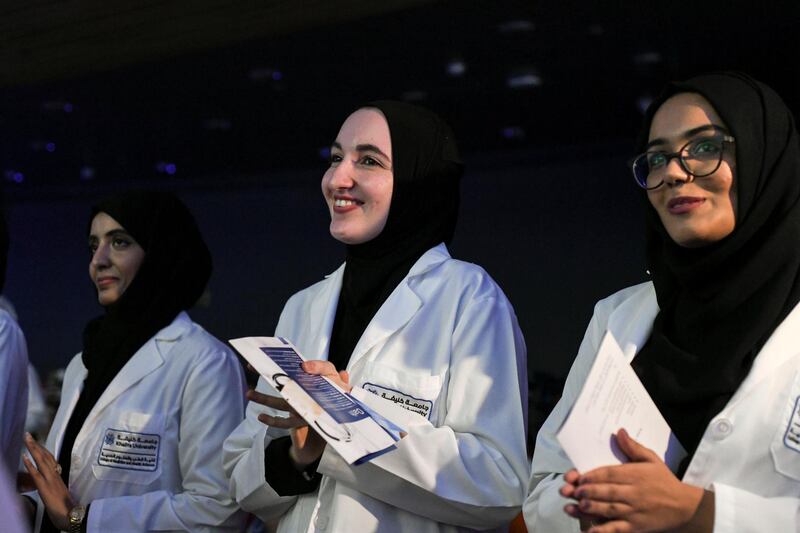 Abu Dhabi, United Arab Emirates - Graduating students during the oath taking of the ÔWhite CoatÕ ceremony in the College of Medicine and Health Sciences, at Khalifa University Campus in Abu Dhabi. Khushnum Bhandari for The National